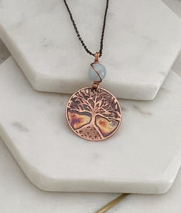 Acid etched copper tree necklace with aquamarine gemstone