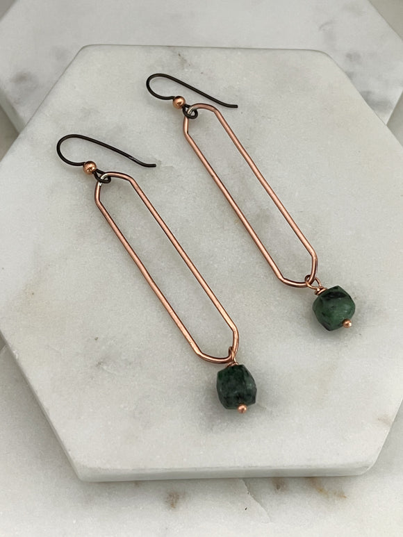 Copper oval hoops with emerald gemstones