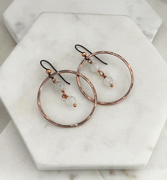 Copper hoop earrings with moonstone gemstone