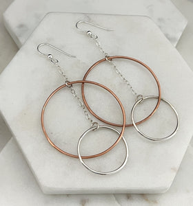 Mixed metal double hoop copper and sterling silver earrings