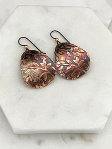 Acid etched copper medium teardrop earrings