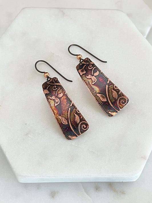 Acid etched copper irregular rectangle earrings
