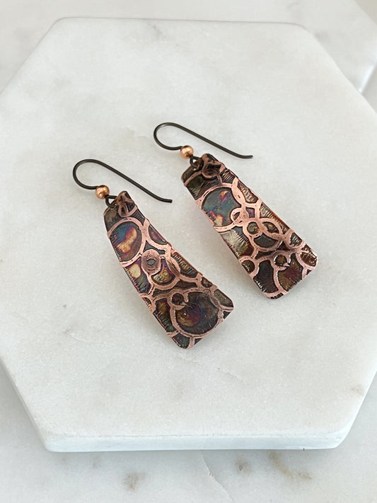Acid etched copper irregular rectangle earrings