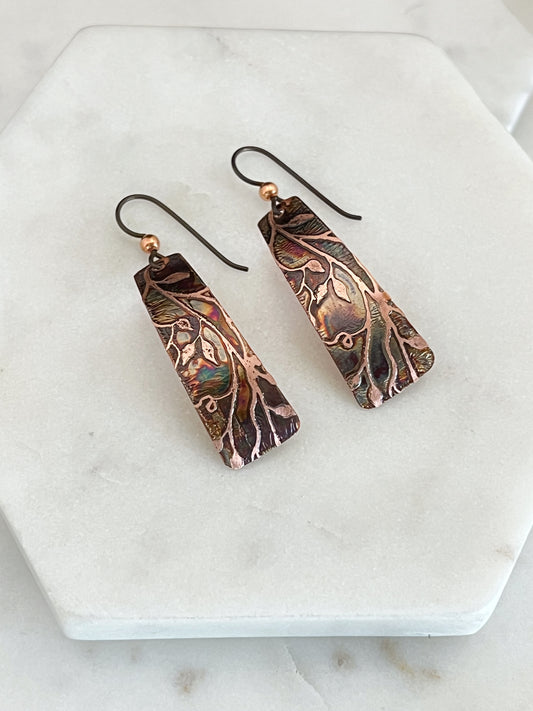 Acid etched copper irregular rectangle earrings
