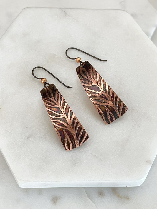 Acid etched copper irregular rectangle earrings