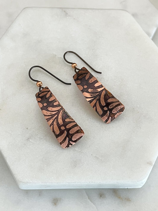 Acid etched copper irregular rectangle earrings