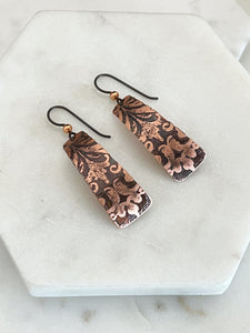 Acid etched copper irregular rectangle earrings