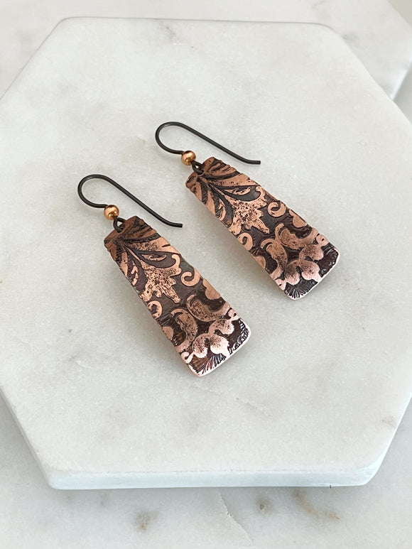 Acid etched copper irregular rectangle earrings