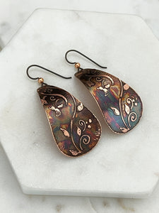 Large acid etched copper teardrop earrings