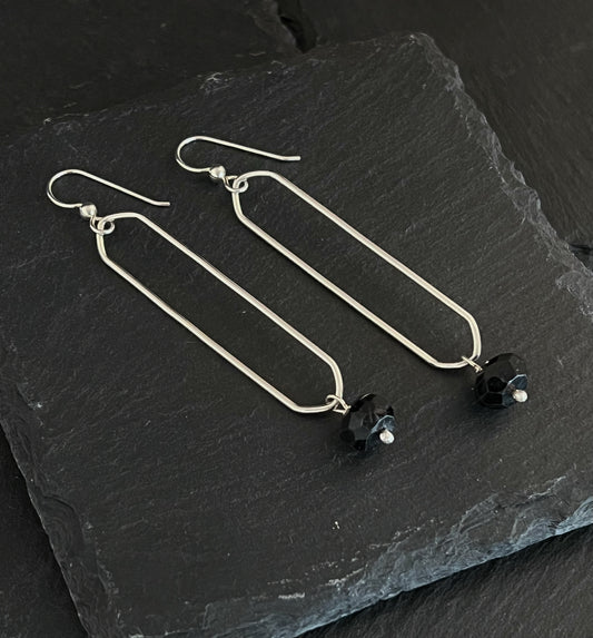 Sterling silver oval hoops with onyx gemstone