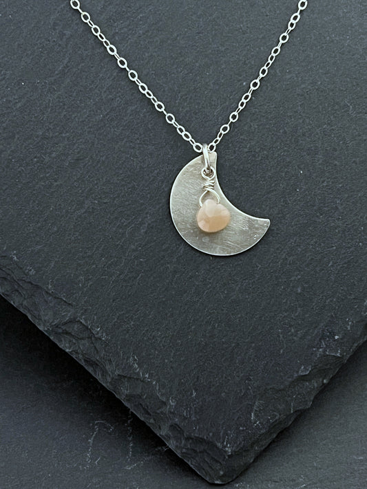 Sterling silver and peach moonstone moon necklace