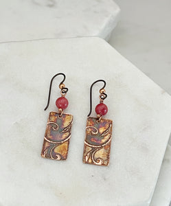 Acid etched copper earrings with coral gemstones