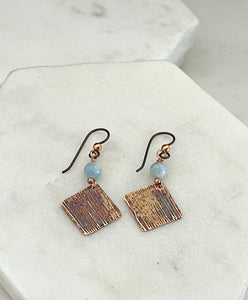 Acid etched copper earrings with aquamarine gemstones