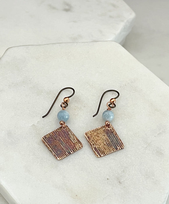 Acid etched copper earrings with aquamarine gemstones