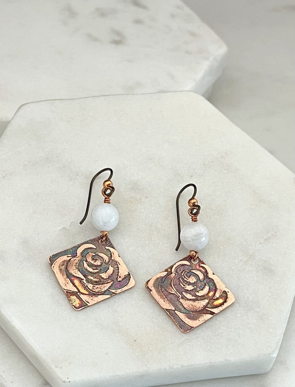 Acid etched copper earrings with moonstone gemstones