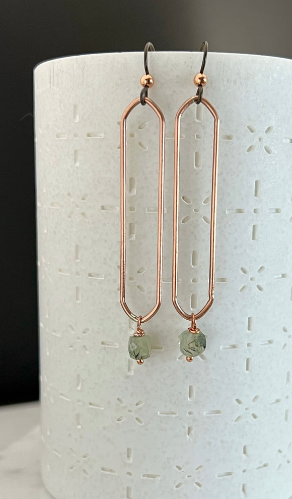 Copper oval hoops with prehnite gemstones