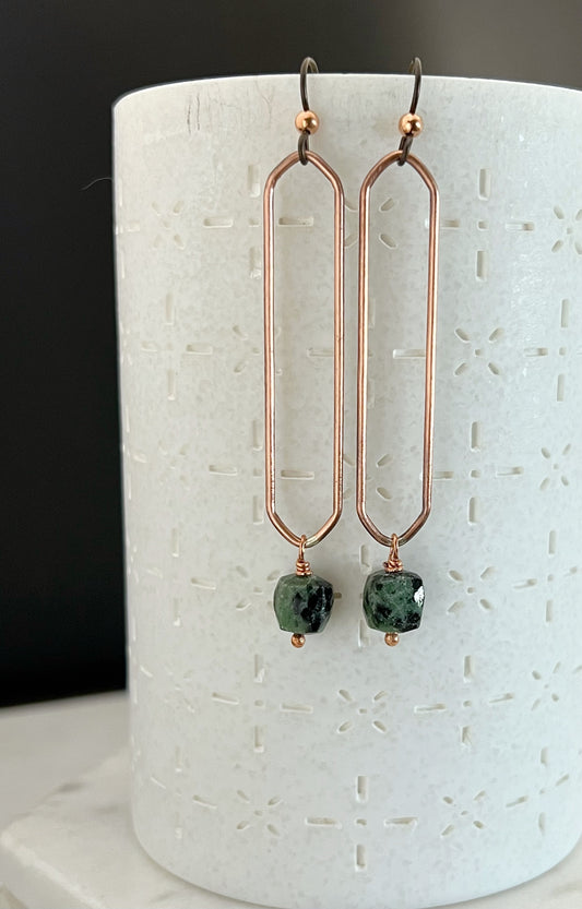 Copper oval hoops with ruby zosite  gemstones