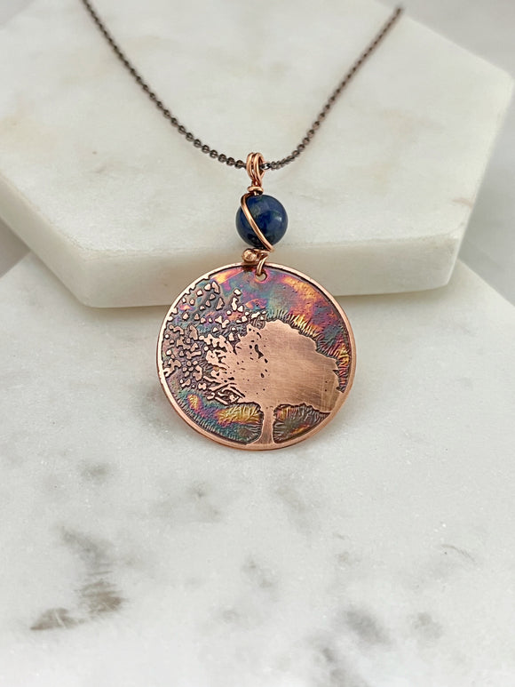 Acid etched copper tree necklace with chrysocolla gemstone