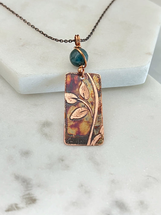 Acid etched copper leaf necklace with apatite gemstone