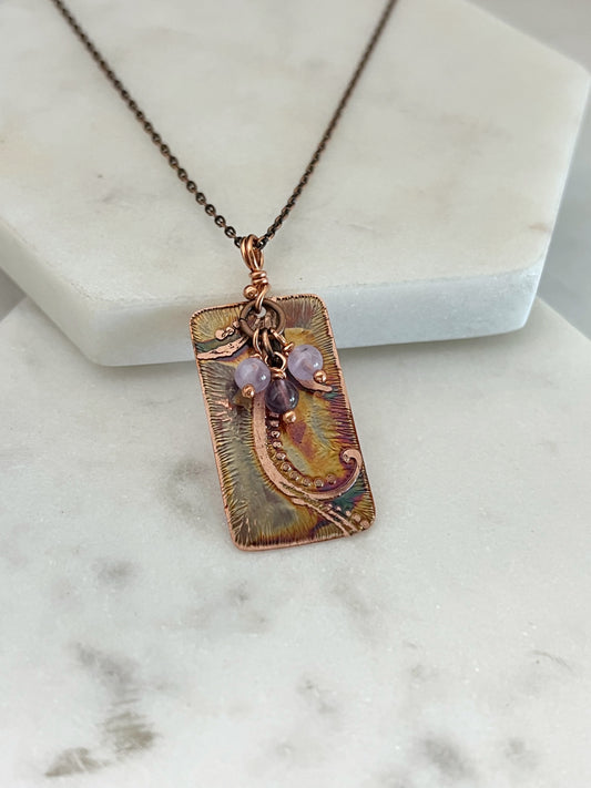 Acid etched copper and amethyst necklace