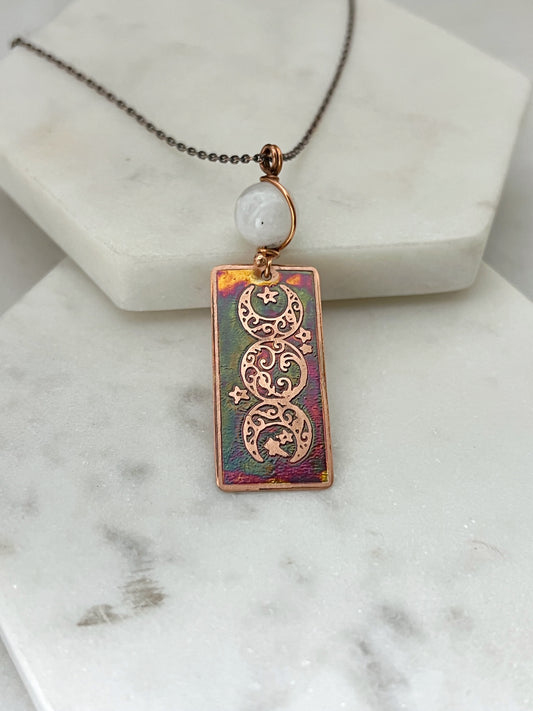 Acid etched copper and moonstone triple moon necklace