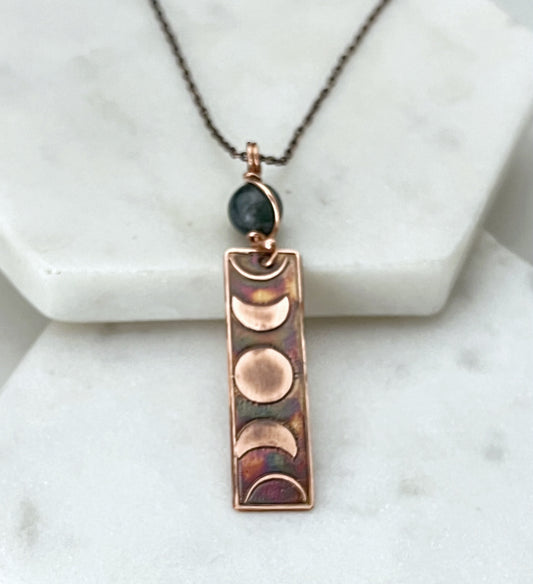 Moon phase acid etched copper necklace with moss agate gemstone
