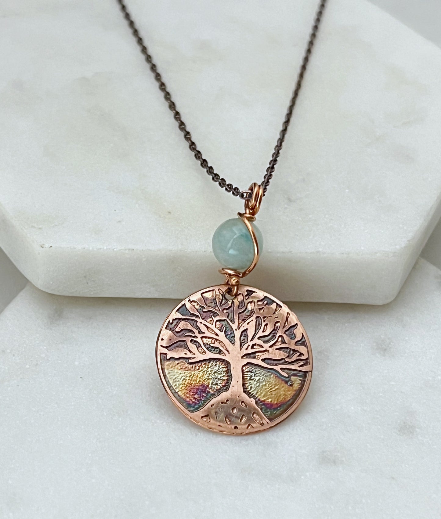 Acid etched copper tree necklace with amazonite gemstone