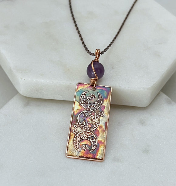 Acid etched copper and amethyst triple moon necklace