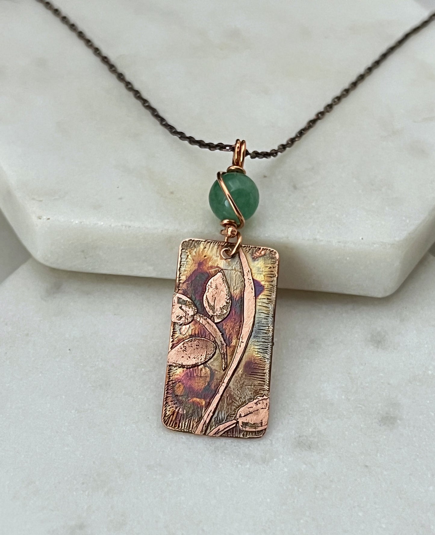 Acid etched copper leaf necklace with aventurine gemstone