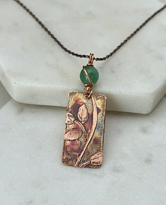 Acid etched copper leaf necklace with aventurine gemstone