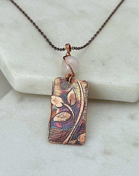 Acid etched copper leaf necklace with rose quartz gemstone