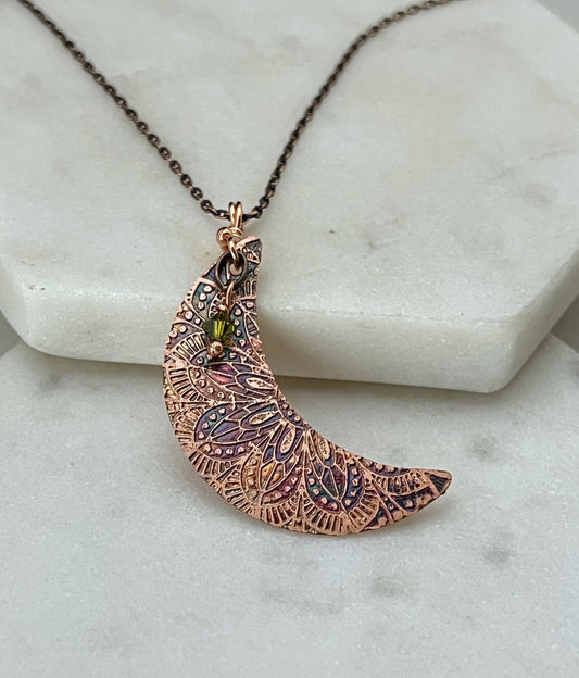 Acid etched copper crescent necklace with olivine gemstone