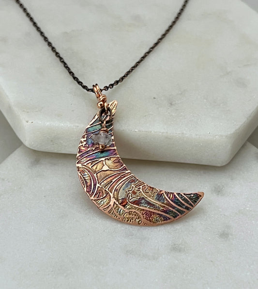 Acid etched copper crescent necklace with Herkimer diamond gemstone