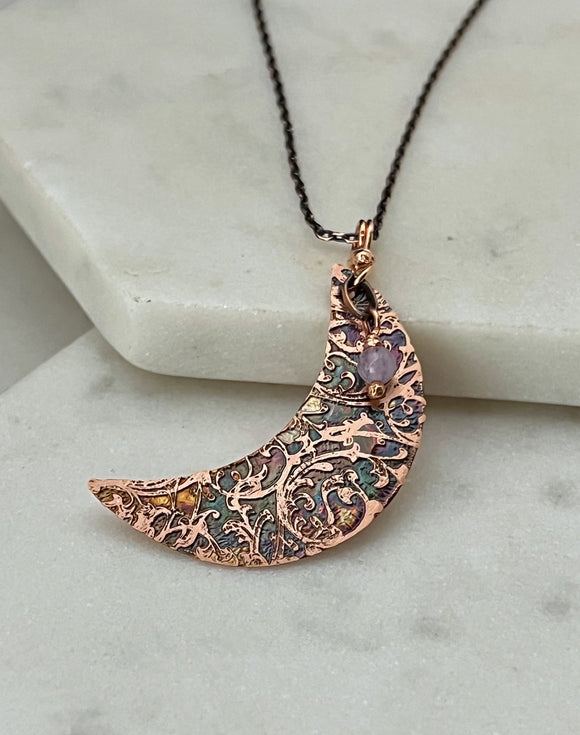 Acid etched copper crescent necklace with amethyst gemstone