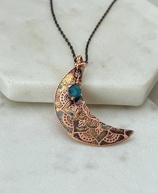 Acid etched copper crescent necklace with apatite gemstone