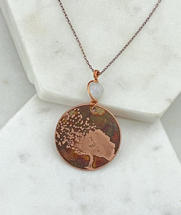 Acid etched copper tree necklace with moonstone gemstone