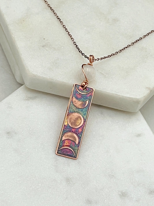 Moon phase acid etched copper necklace with moonstone gemstone