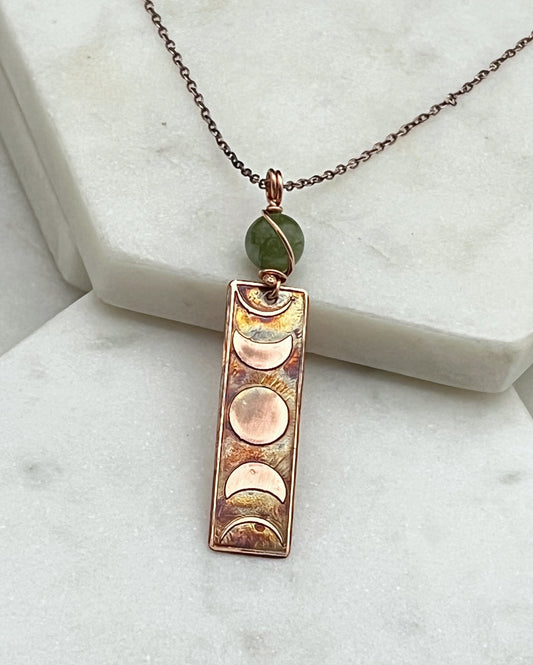 Moon phase acid etched copper necklace with jade gemstone