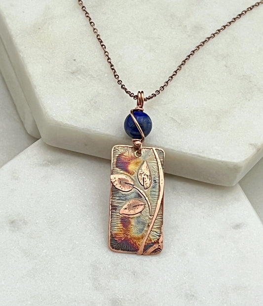 Acid etched copper leaf necklace with lapis gemstone