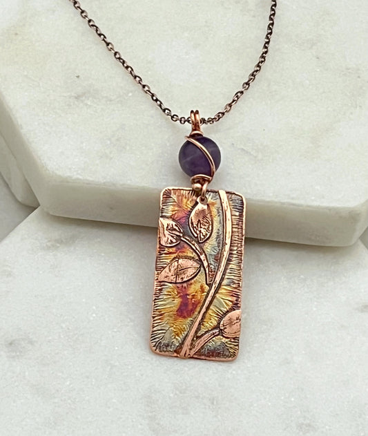 Acid etched copper leaf necklace with amethyst gemstone