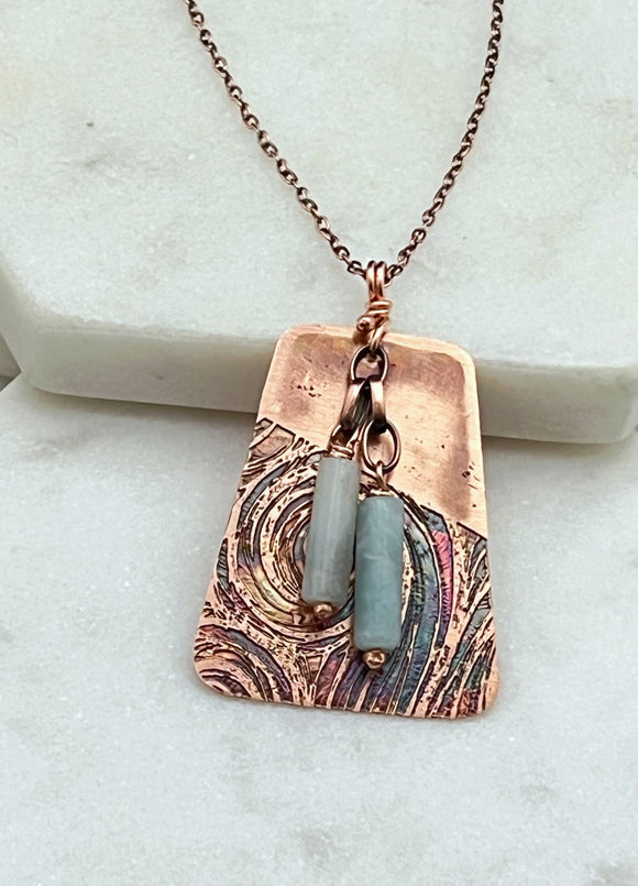 Acid etched copper necklace with amazonite gemstone