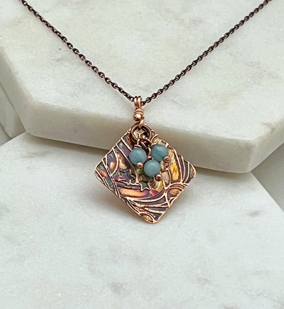 Acid etched copper necklace with amazonite gemstones