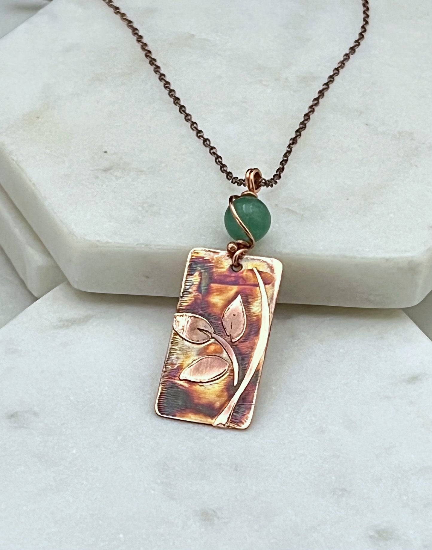 Acid etched copper leaf necklace with aventurine gemstone