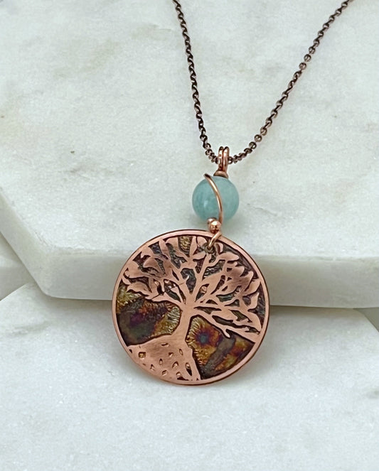 Acid etched copper tree necklace with amazonite gemstone