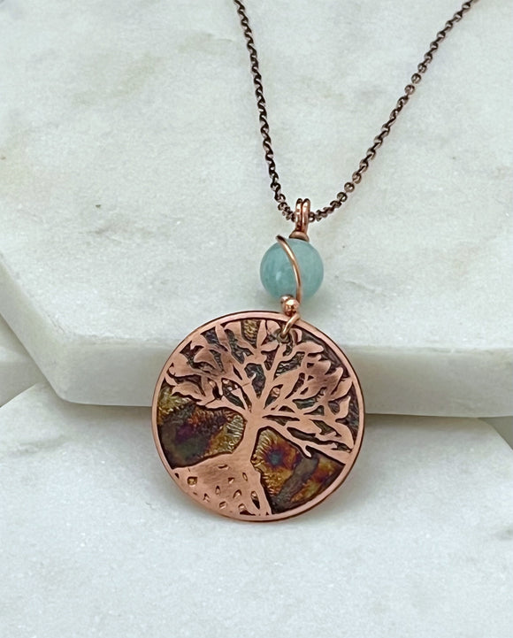 Acid etched copper tree necklace with amazonite gemstone