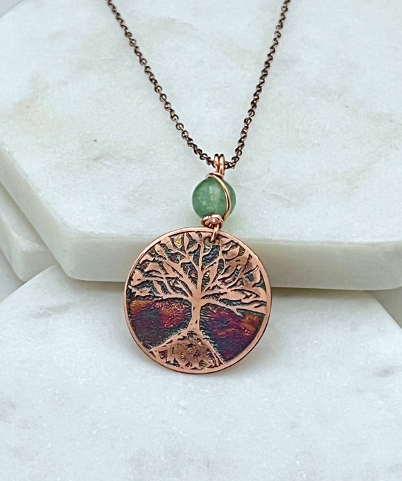 Acid etched copper tree necklace with aventurine gemstone