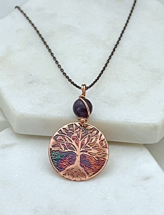 Acid etched copper tree necklace with amethyst gemstone