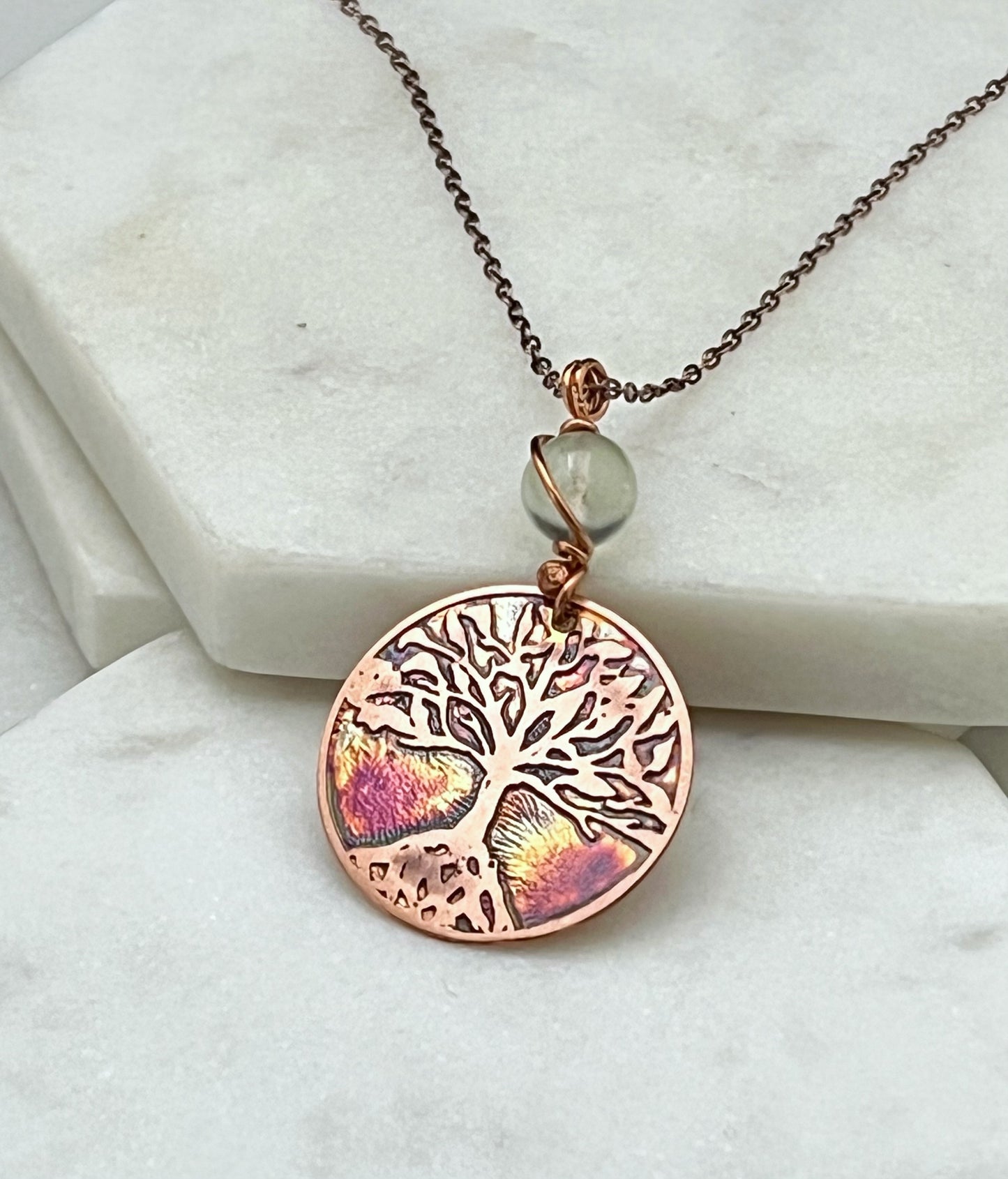 Acid etched copper tree necklace with prehnite gemstone