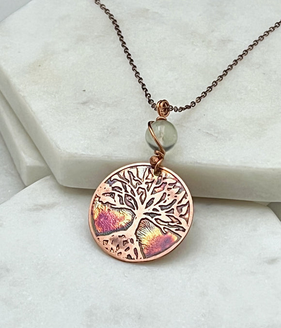 Acid etched copper tree necklace with prehnite gemstone
