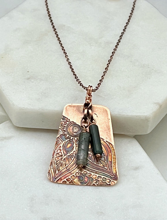 Acid etched copper necklace with moss agate gemstone